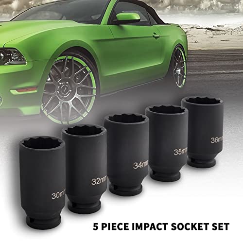 TBAPFS 5Pcs 1/2" Drive Deep Impact Socket Set 12 Point Metric 30mm 32mm 34mm 35mm 36mm Drive Spindle Axle Hub Nut Socket Set,Heavy Duty w/Portable Storage Case,Use In Removing And Installing Axle Nuts