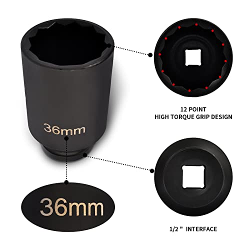 TBAPFS 5Pcs 1/2" Drive Deep Impact Socket Set 12 Point Metric 30mm 32mm 34mm 35mm 36mm Drive Spindle Axle Hub Nut Socket Set,Heavy Duty w/Portable Storage Case,Use In Removing And Installing Axle Nuts