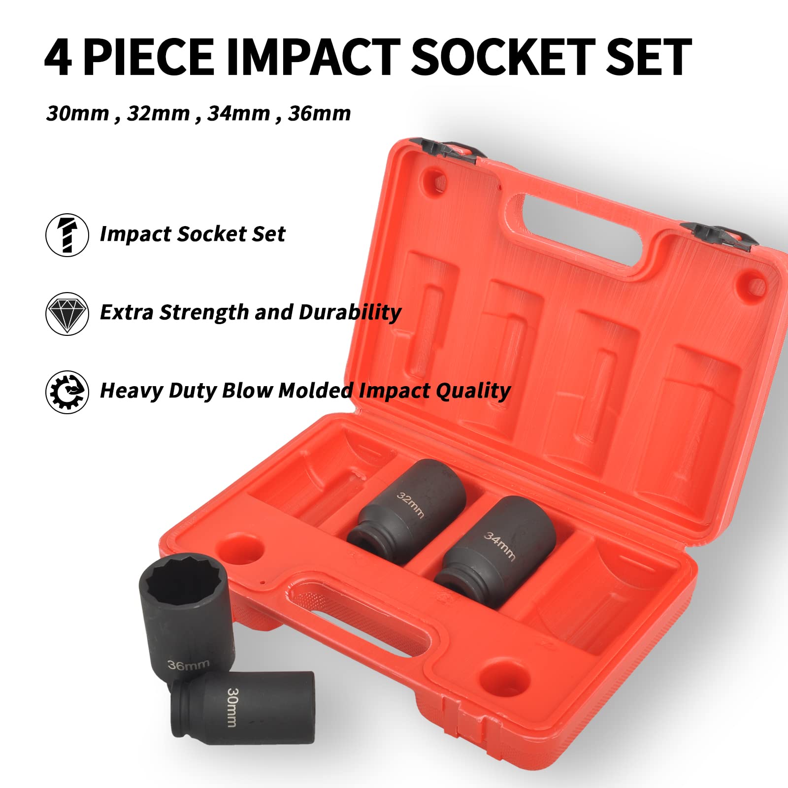 TBAPFS 4Pcs 1/2" Drive Deep Impact Socket Set 12 Point Metric 30mm 32mm 34mm 36mm Drive Spindle Axle Hub Nut Socket Set,Heavy Duty with Portable Storage Case,Use In Removing And Installing Axle Nuts