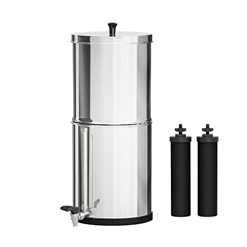 Gravity-Fed Water Filter System, 2.25 Gallon Stainless-Steel Filter Filtration Bucket with 2 Filters, 1 Brass Tap, 1 Water-Level Measuring Post for Home Camping Travel Outdoor Activities Emergencies