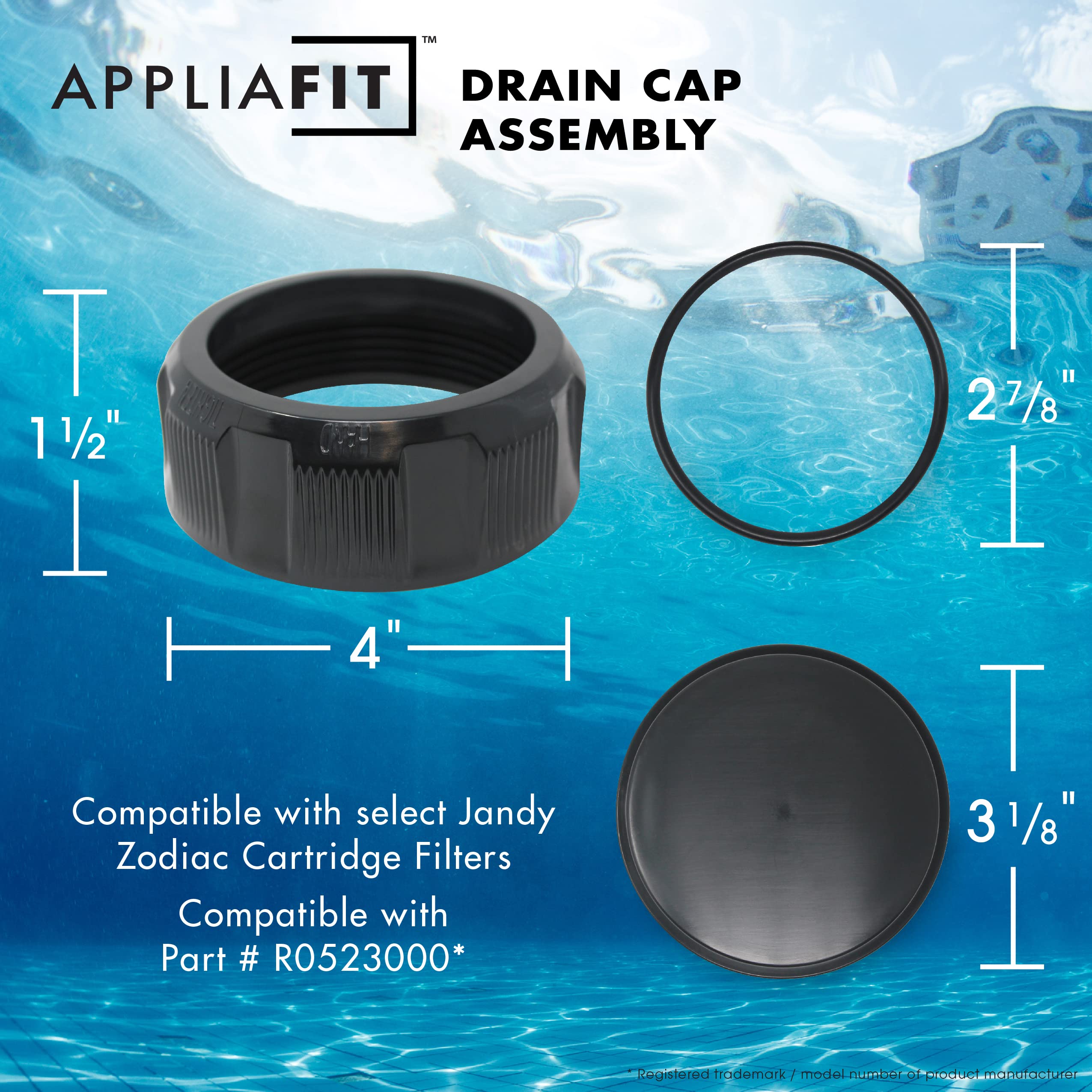 AppliaFit Filter Drain Cap Assembly Compatible with Jandy Zodiac R0523000 for Select Pool and Spa DE and Cartridge Filters (2-Pack)