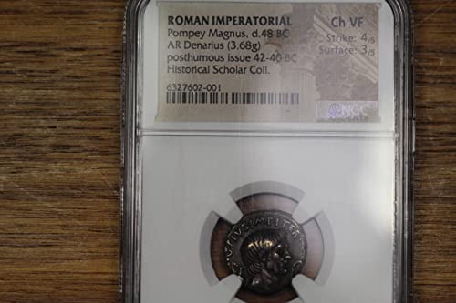 2000 Year Old Ancient Roman Silver Denarius Coin, 42 B.C. Pompey the Great, NGC Choice Very Fine Condition