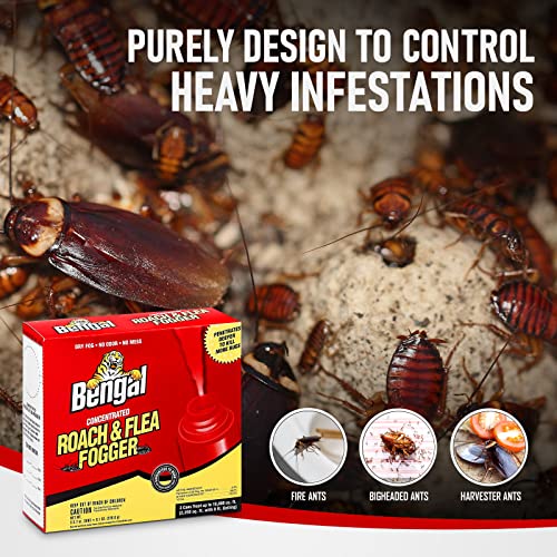 Bengal Concentrated Roach &Flea Fogger - Roach Killer Indoor Infestation Spray - Flea Foggers for Home Indoor - Bug Spray - Pest Control -Available with Premium Quality Centaurus AZ Gloves- 3-2.7oz