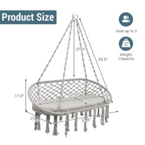 Giantex 2-Seat Hammock Chair, Macrame Swing with Cushion, Hanging Cotton Ropes, Metal Frame, Hanging Chair with330 lbs Capacity for Hammock Stand, Living Room, Patio, Balcony, Backyard (Gray)