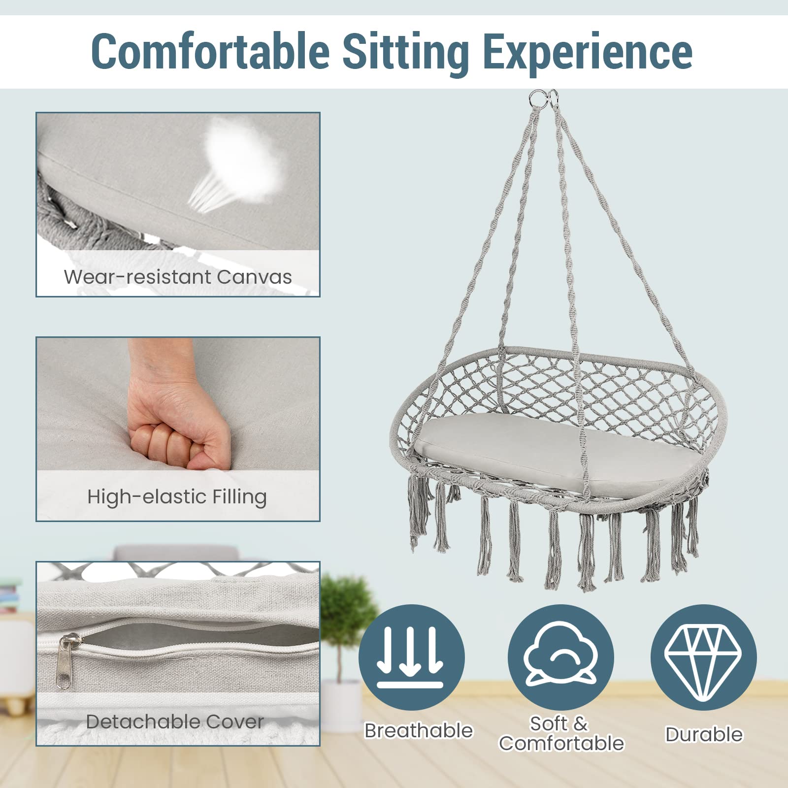 Giantex 2-Seat Hammock Chair, Macrame Swing with Cushion, Hanging Cotton Ropes, Metal Frame, Hanging Chair with330 lbs Capacity for Hammock Stand, Living Room, Patio, Balcony, Backyard (Gray)