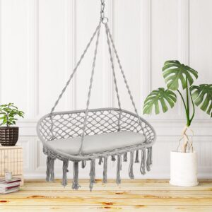 Giantex 2-Seat Hammock Chair, Macrame Swing with Cushion, Hanging Cotton Ropes, Metal Frame, Hanging Chair with330 lbs Capacity for Hammock Stand, Living Room, Patio, Balcony, Backyard (Gray)