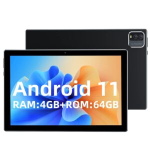 tablet 10 inch, android 11 tablets, quad-core 1.8ghz processor, 64gb storage and 512gb expand, 4gb ram, 8mp dual camera, 1280x800 ips hd display screen, support wifi & bt, 6000mah long battery life.