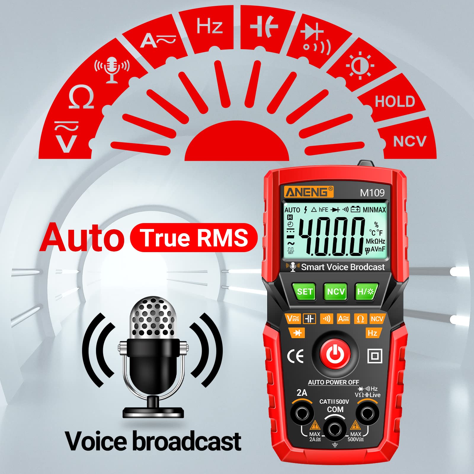 ANENG Pocket Multimeter Voice Broadcast Electrical Tester 4000Counts Ohm meter for AC/DC Voltage,Current,NCV,Resistance,Continuity,Capacitance,Diodes,Temperature Meansurement,Volt Meter for Automotive