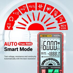 ANENG Digital Multimeter Smart Electrical Tester Auto-Ranging TRMS 6000Counts LCD Screen Voltmeter Measures NCV AC/DC Voltage Current Resistance Continuity Duty-Cycle Capacitance Temperature Frequency