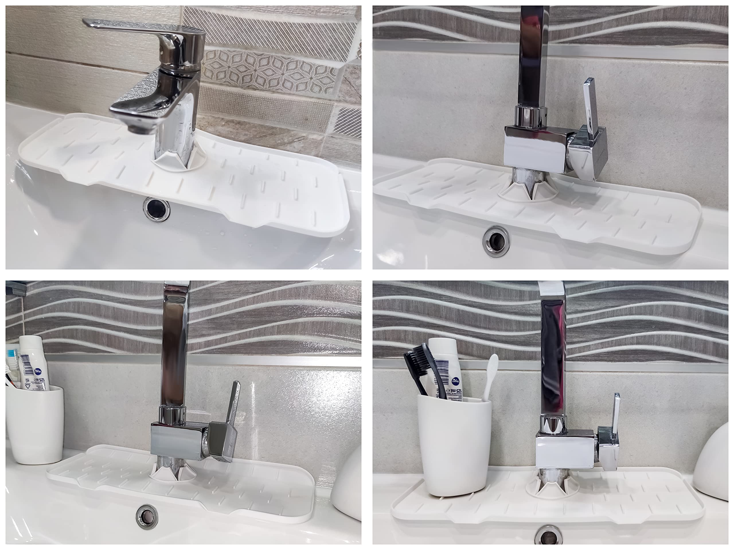 2 Pcs White Silicone Faucet Handle Drip Catcher Tray - Drip Catcher for Sink Faucet – Kitchen Faucet Drip Mat - Sink Faucet Splash Guard - Faucet Pad - Counter Faucet Mat - Silicone Sink Protector.