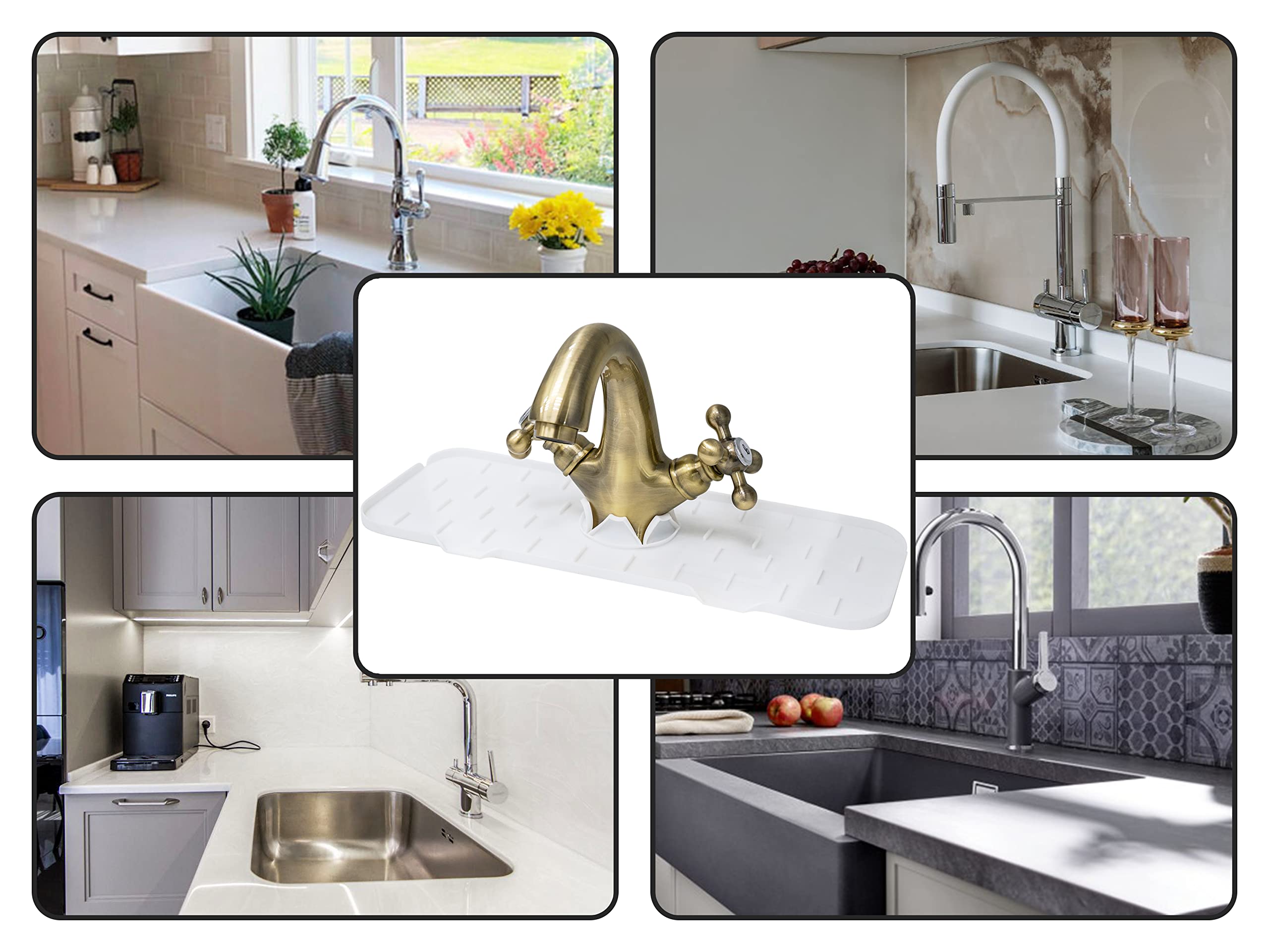2 Pcs White Silicone Faucet Handle Drip Catcher Tray - Drip Catcher for Sink Faucet – Kitchen Faucet Drip Mat - Sink Faucet Splash Guard - Faucet Pad - Counter Faucet Mat - Silicone Sink Protector.