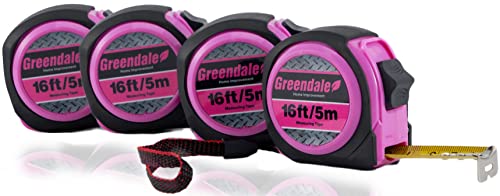 Greendale - 4 Pack of Pink 16ft Tape Measures - Retractable, Autowind and Easy Lock - Inches and Centimeters