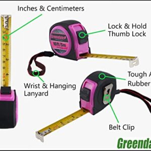 Greendale - 4 Pack of Pink 16ft Tape Measures - Retractable, Autowind and Easy Lock - Inches and Centimeters