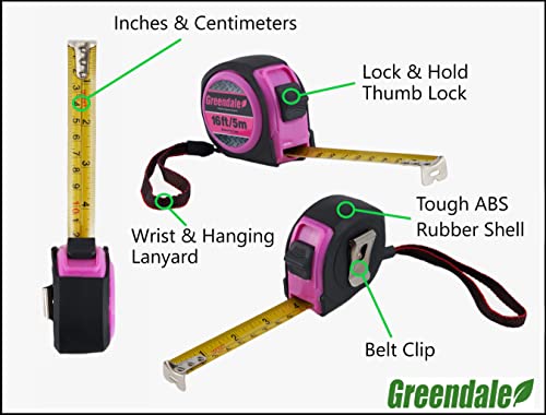 Greendale - 4 Pack of Pink 16ft Tape Measures - Retractable, Autowind and Easy Lock - Inches and Centimeters