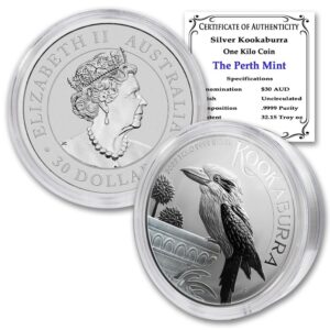 2022 p 1 kilo (32.15 oz) australian silver kookaburra paperweight coin brilliant uncirculated (bu - in capsule) with certificate of authenticity $30 seller bu