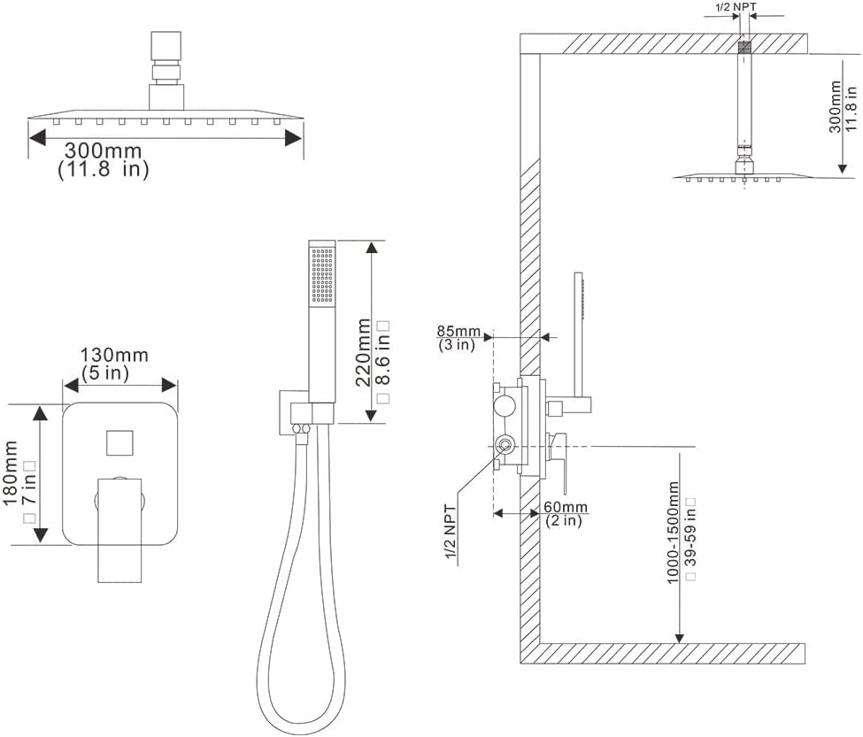 JingGang 12 Inch Ceiling Mount Brushed Nickel Shower System Bathroom Luxury Rain Mixer Shower Combo Set Ceiling Rainfall Shower Head System (Contain Shower Faucet Rough-in Valve Body and Trim)