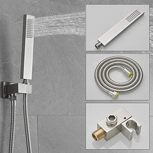 JingGang 12 Inch Ceiling Mount Brushed Nickel Shower System Bathroom Luxury Rain Mixer Shower Combo Set Ceiling Rainfall Shower Head System (Contain Shower Faucet Rough-in Valve Body and Trim)