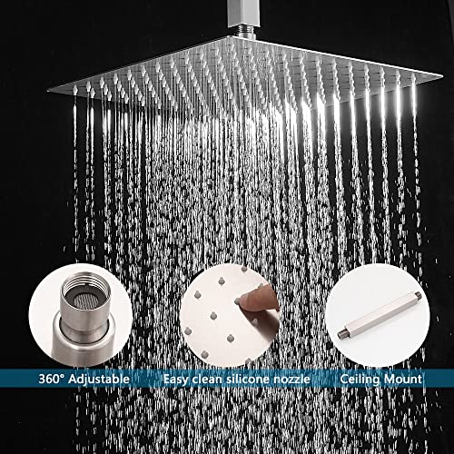 JingGang 12 Inch Ceiling Mount Brushed Nickel Shower System Bathroom Luxury Rain Mixer Shower Combo Set Ceiling Rainfall Shower Head System (Contain Shower Faucet Rough-in Valve Body and Trim)