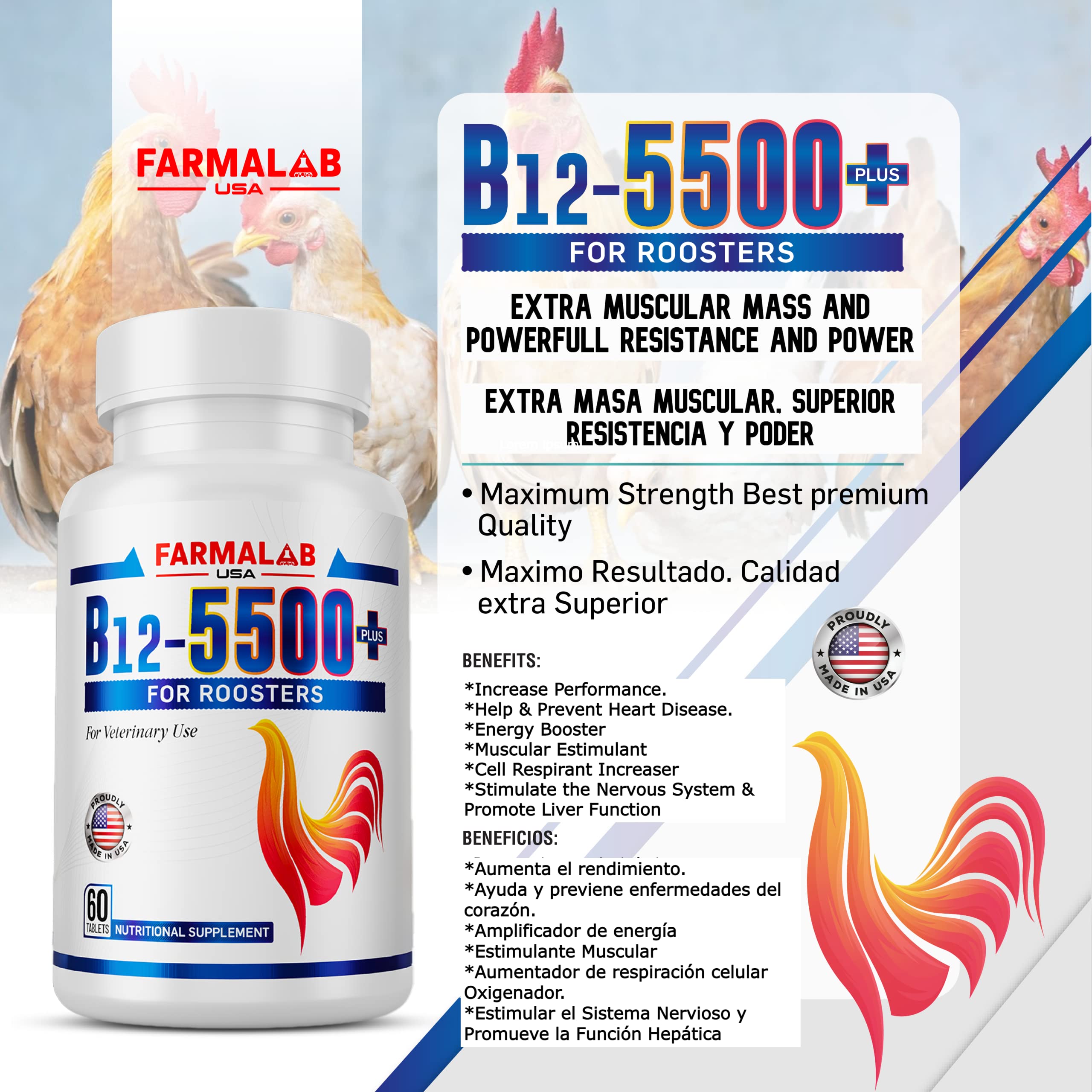 Farmalab B12 5500 Plus for Rooster Chicken Hens Poultry Gamefowl B12-5500 Plus para Gallos Gallinas Pollos Aves de Corral FARMALAB