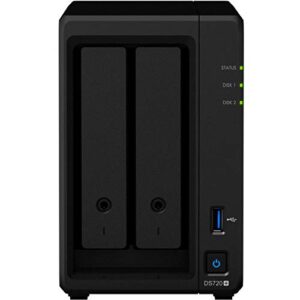 synology diskstation ds720+ nas server with celeron 2.0ghz cpu, 6gb memory, 32tb hdd storage, 1tb m.2 nvme ssd, 2 x 1gbe lan ports, dsm operating system