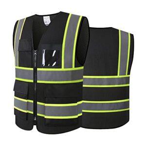 asiphitu reflective high visibility safety vest for men women security with pockets zipper front for work vest with reflective strips meets ansi/isea standards(h-black-l)