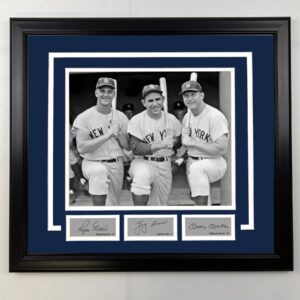framed roger maris, yogi berra, mickey mantle facsimile laser engraved signatures new york yankees 19x21 baseball photo