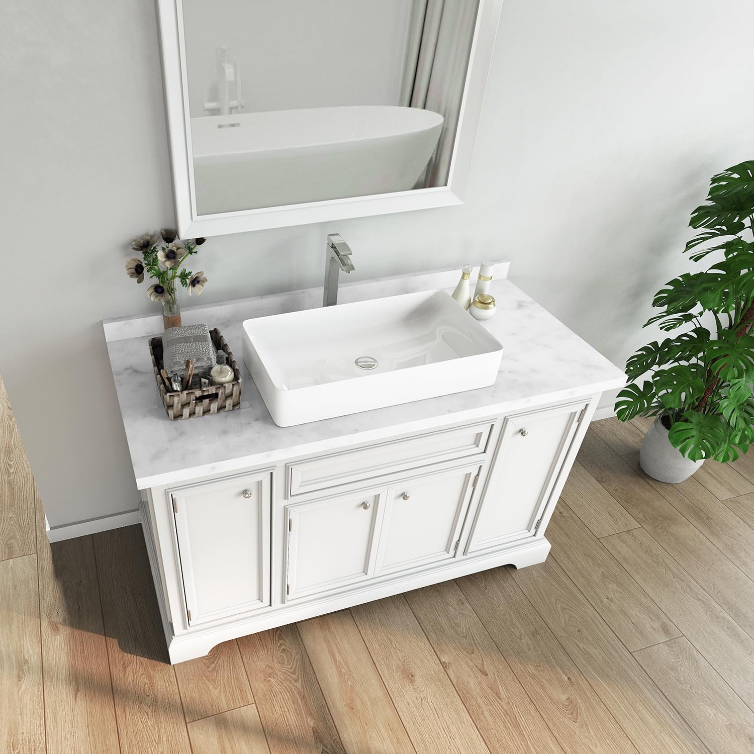 Sinber 24" x 14" x 4.33" White Rectangular Ceramic Countertop Bathroom Vanity Vessel Sink BVS2414A-OK