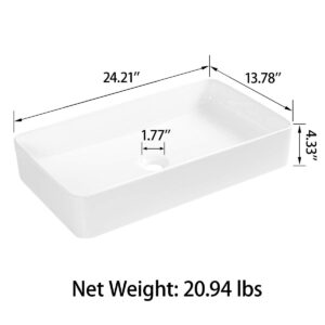 Sinber 24" x 14" x 4.33" White Rectangular Ceramic Countertop Bathroom Vanity Vessel Sink BVS2414A-OK