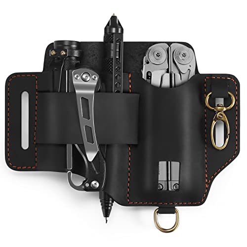 Multitool Leather Sheath for Belt,EDC Belt Organizer,Multitool Holster with Multi Tool Pouch,Tactical Pen Holder,Flashlight Holder and Key Holder,EDC Pouch for Men,Gift for Father