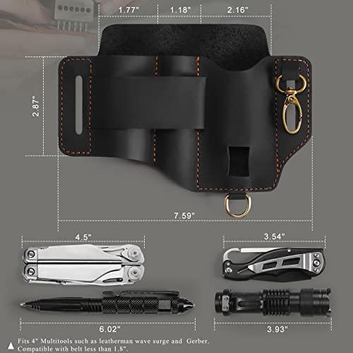 Multitool Leather Sheath for Belt,EDC Belt Organizer,Multitool Holster with Multi Tool Pouch,Tactical Pen Holder,Flashlight Holder and Key Holder,EDC Pouch for Men,Gift for Father