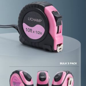 Lichamp Small Tape Measure 10 Feet, Pink Tape Measure Mini 3 Pack 10ft x 1/2in with 1/8 Fractions, 0310PK