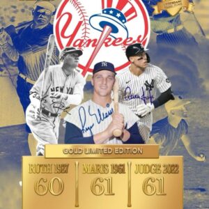 AARON JUDGE, ROGER MARIS, BABE RUTH Commemorative Baseball Card CUSTOM Made Novelty Baseball Card Depicting His Record Tying 61 HOME RUNS! - New York Yankees - Passes Babe Ruth, Ties Roger Maris with 61 Homeruns 09/28/2022