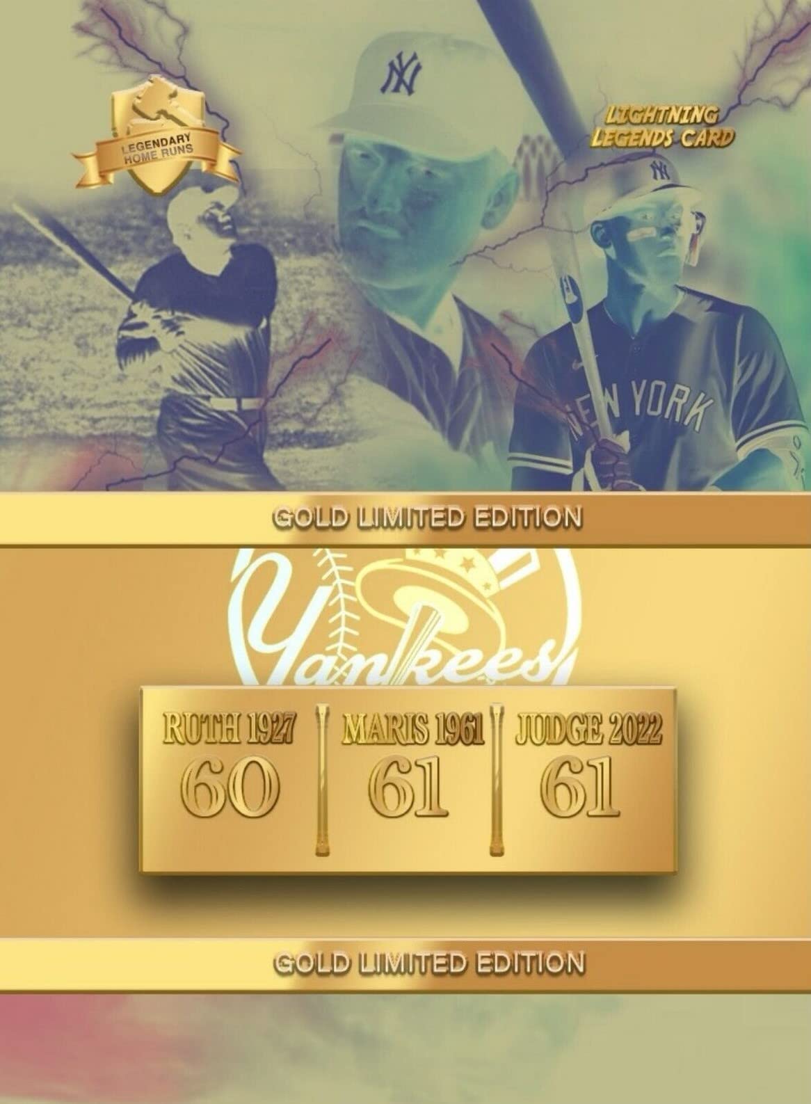 AARON JUDGE, ROGER MARIS, BABE RUTH Commemorative Baseball Card CUSTOM Made Novelty Baseball Card Depicting His Record Tying 61 HOME RUNS! - New York Yankees - Passes Babe Ruth, Ties Roger Maris with 61 Homeruns 09/28/2022