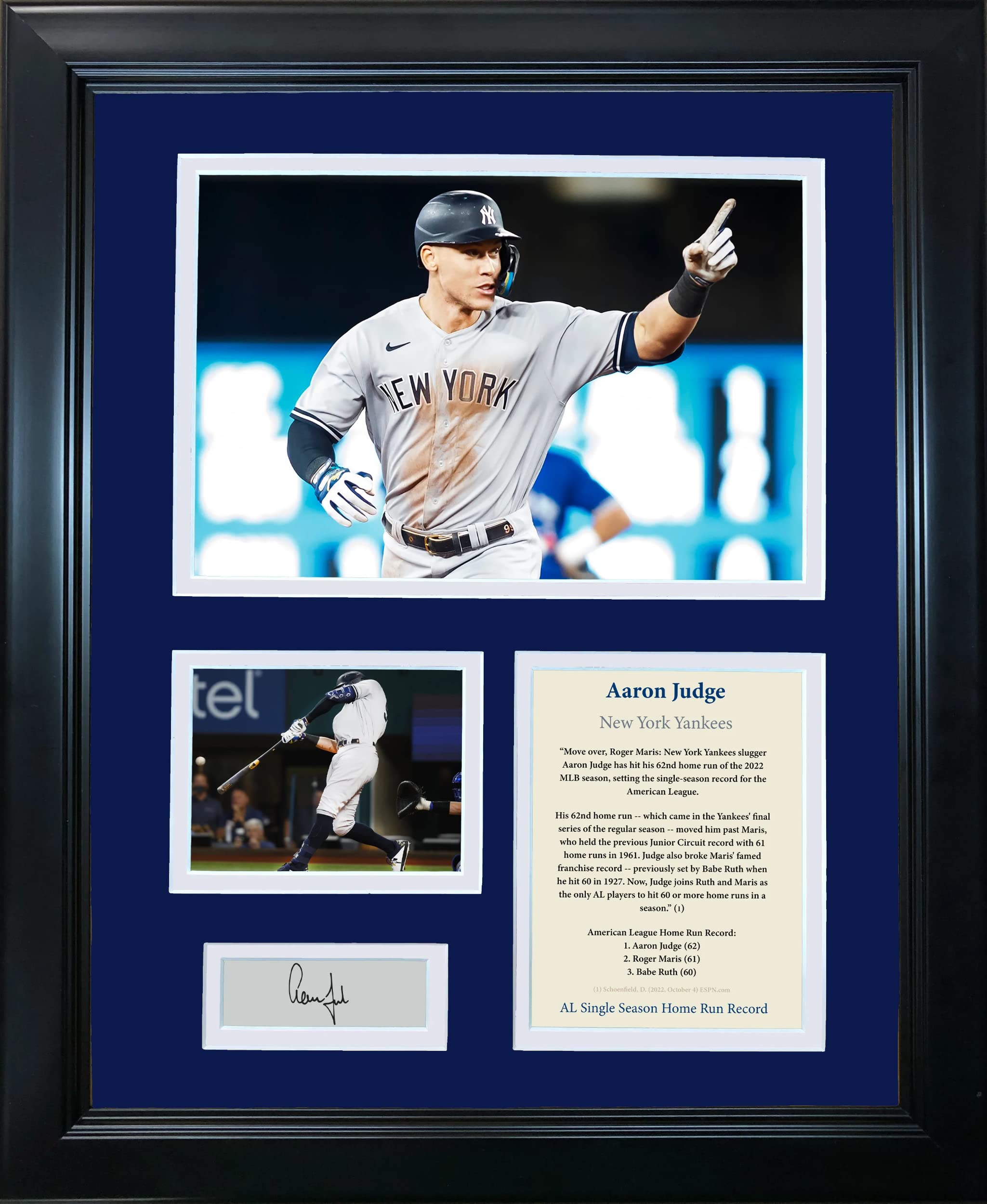 Framed Aaron Judge 62 Home Run AL Record Facsimile Laser Engraved Signature Auto New York Yankees Baseball 12"x15" Photo Collage