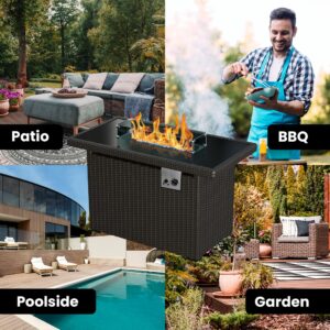 Gorilla Gadgets Premium 2-in-1 50,000 BTU Fire Pit. Discreet Under-Table Storage, Protective Glass Wind Guard, Lightweight Steel Frame, and Weatherproof Brown Wicker. Elevate Your Outdoor Experience!