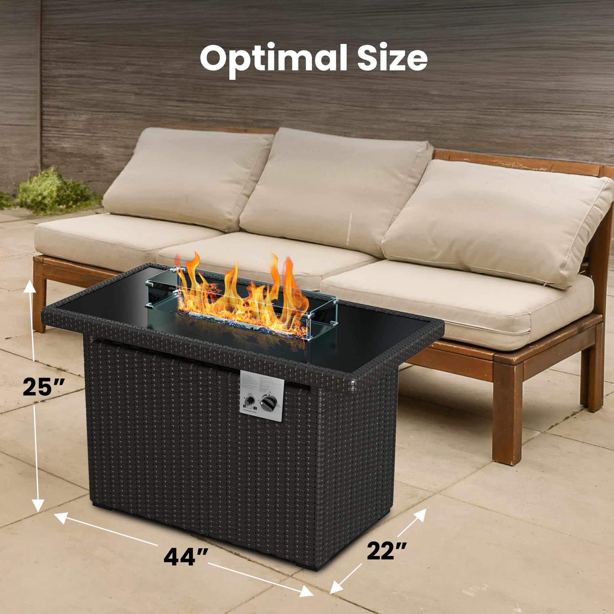 Gorilla Gadgets Premium 2-in-1 50,000 BTU Fire Pit. Discreet Under-Table Storage, Protective Glass Wind Guard, Lightweight Steel Frame, and Weatherproof Brown Wicker. Elevate Your Outdoor Experience!