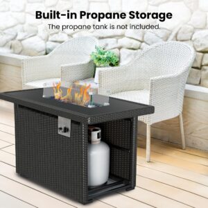 Gorilla Gadgets Premium 2-in-1 50,000 BTU Fire Pit. Discreet Under-Table Storage, Protective Glass Wind Guard, Lightweight Steel Frame, and Weatherproof Brown Wicker. Elevate Your Outdoor Experience!