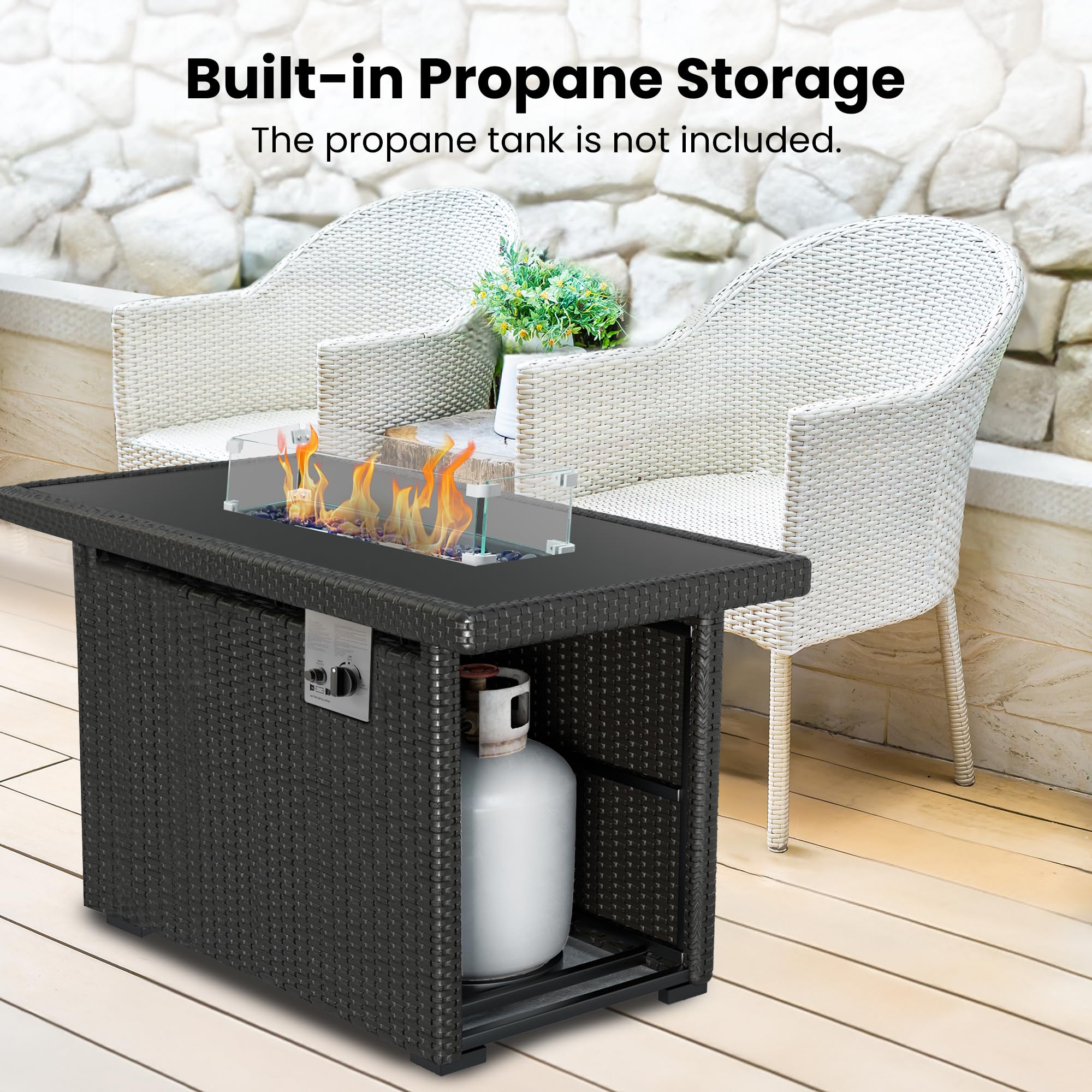 Gorilla Gadgets Premium 2-in-1 50,000 BTU Fire Pit. Discreet Under-Table Storage, Protective Glass Wind Guard, Lightweight Steel Frame, and Weatherproof Brown Wicker. Elevate Your Outdoor Experience!