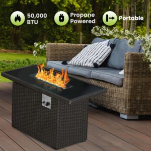 Gorilla Gadgets Premium 2-in-1 50,000 BTU Fire Pit. Discreet Under-Table Storage, Protective Glass Wind Guard, Lightweight Steel Frame, and Weatherproof Brown Wicker. Elevate Your Outdoor Experience!