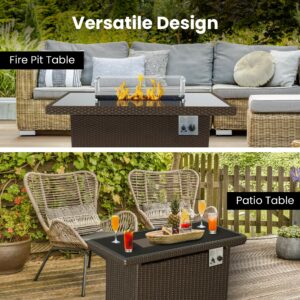 Gorilla Gadgets Premium 2-in-1 50,000 BTU Fire Pit. Discreet Under-Table Storage, Protective Glass Wind Guard, Lightweight Steel Frame, and Weatherproof Brown Wicker. Elevate Your Outdoor Experience!