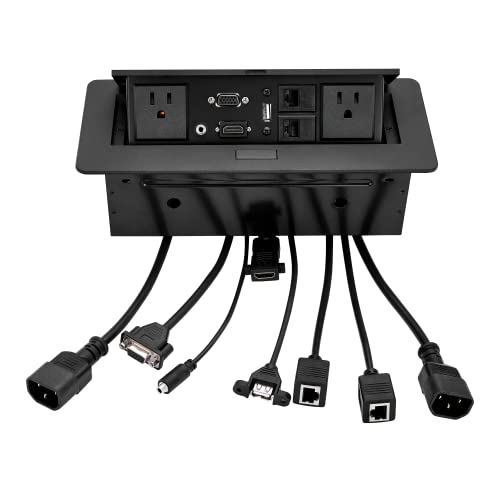 Outlet Embedded, Conference Room Desktop Information Box, Pop up Outlet Desktop Connection Box with 2 Independent Power, USB, RJ45, VGA, HDMI, 3.5 mm Audio for Office (Black)