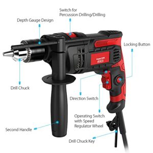 Hammer Drill 850W Impact Drill 1/2-Inch 7 Amp Corded Drill with Variable Speed 0-3000RPM, Hammer and Drill 2 Functions in 1 for Steel, Concrete, Drilling Wood, Plastic Drilling