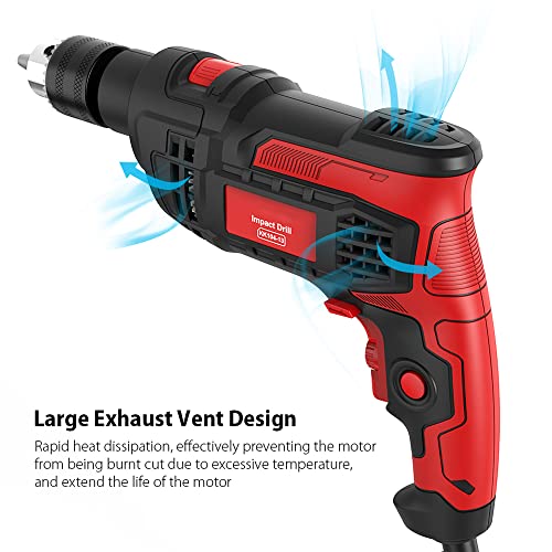 Hammer Drill 850W Impact Drill 1/2-Inch 7 Amp Corded Drill with Variable Speed 0-3000RPM, Hammer and Drill 2 Functions in 1 for Steel, Concrete, Drilling Wood, Plastic Drilling