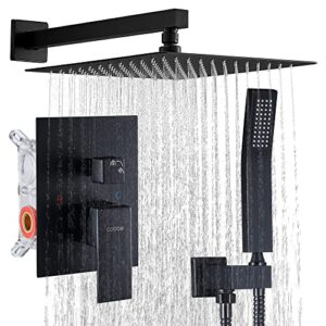 cobbe 12 inch shower system, black shower faucets sets complete with valve high pressure rain shower head, bathroom mixer shower set wall mounted matte black (faucet rough-in valve body and trim)