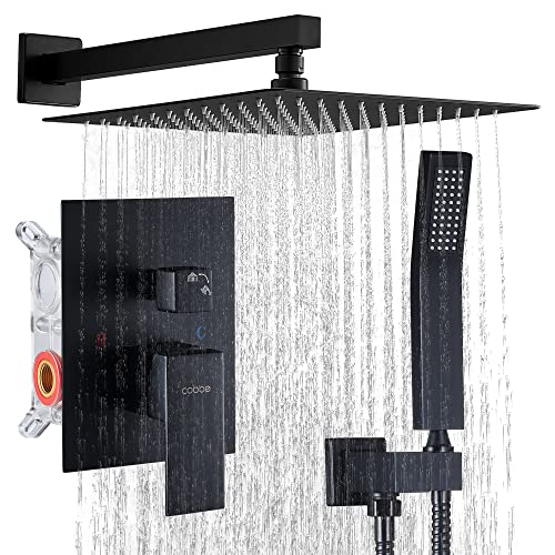 Cobbe 12 Inch Shower System, Black Shower Faucets Sets Complete with Valve High Pressure Rain Shower Head, Bathroom Mixer Shower Set Wall Mounted Matte Black (Faucet Rough-in Valve Body and Trim)