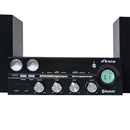 VICTOR Milwaukee 50 Watt Desktop Bluetooth Stereo System with CD/MP3 Player, FM Radio, Functioning VU Meters, and Detached Stereo Speakers, Black