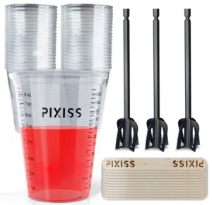 50 resin mixing cups & resin mixing paddles - 10-ounce for measuring paint, resin, epoxy - 3 reusable pixiss multipurpose bidirectional paint stirrer for drill epoxy & paint mixer drill attachment