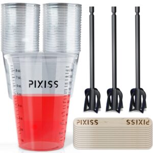 50 Resin Mixing Cups & Resin Mixing Paddles - 10-Ounce For Measuring Paint, Resin, Epoxy - 3 Reusable Pixiss Multipurpose Bidirectional Paint Stirrer for Drill Epoxy & Paint Mixer Drill Attachment