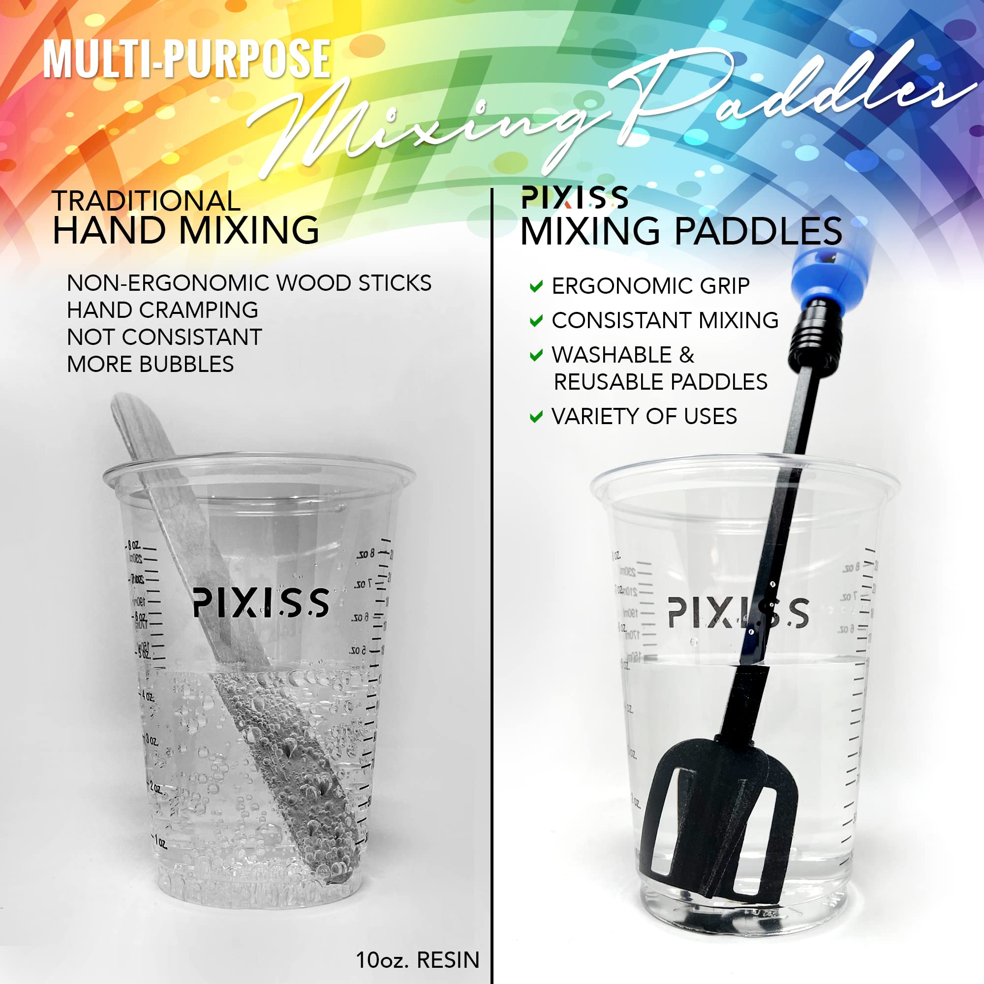 50 Resin Mixing Cups & Resin Mixing Paddles - 10-Ounce For Measuring Paint, Resin, Epoxy - 3 Reusable Pixiss Multipurpose Bidirectional Paint Stirrer for Drill Epoxy & Paint Mixer Drill Attachment