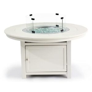 25"(h) x 48"(w) round poly firepit table in white with glass flame-wind guard set